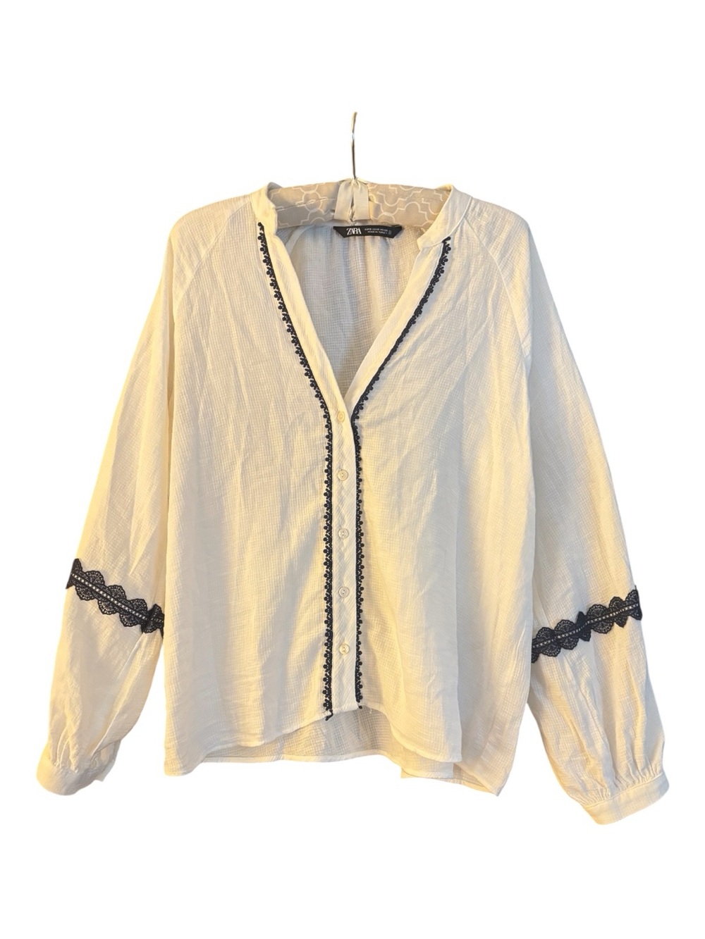 Zara White Button-Front Blouse with Black lace Trim Size S